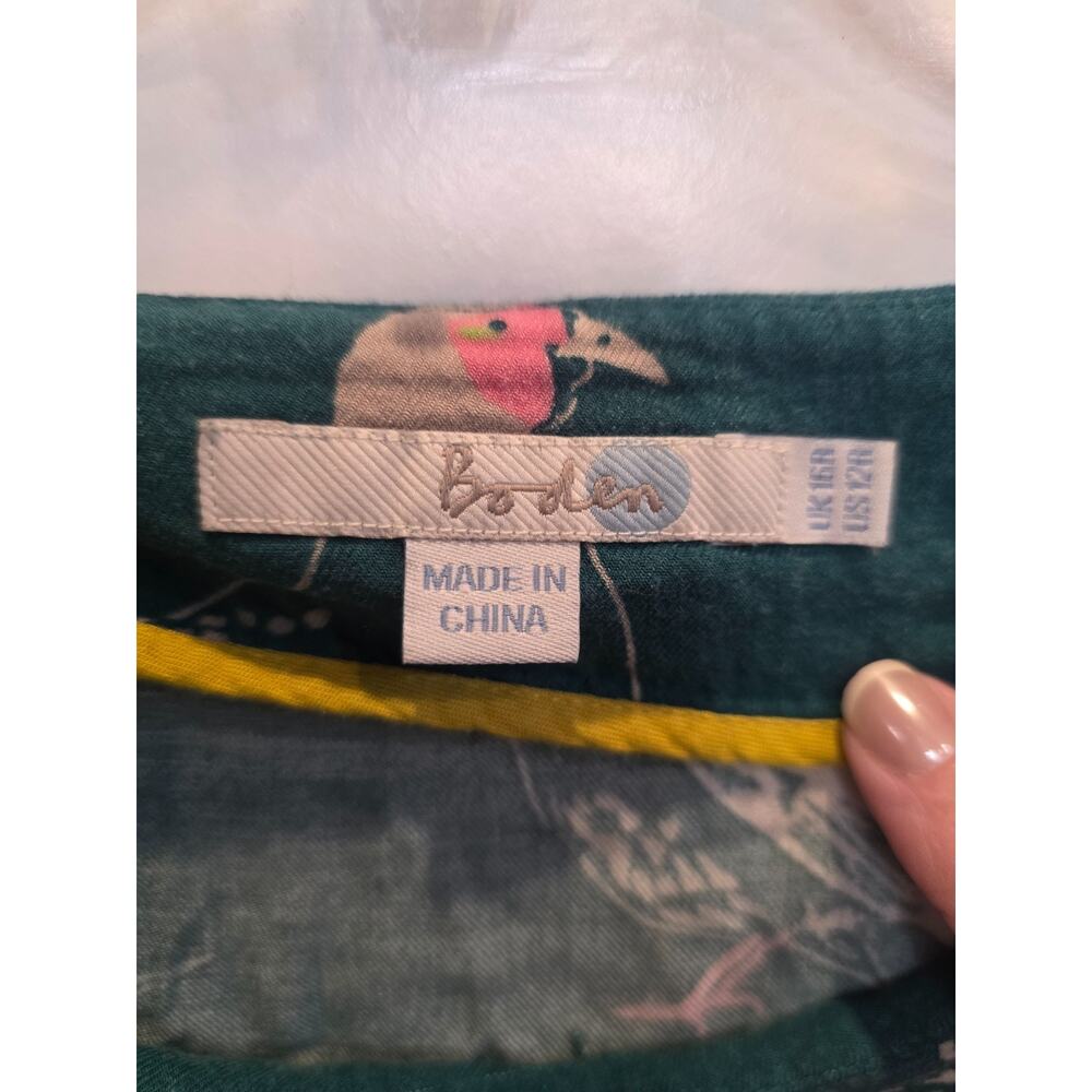 Boden Viscose Dress 3/4 Sleeve Womens Green Bird Print Side Zip Cottagecore - Picture 9 of 11